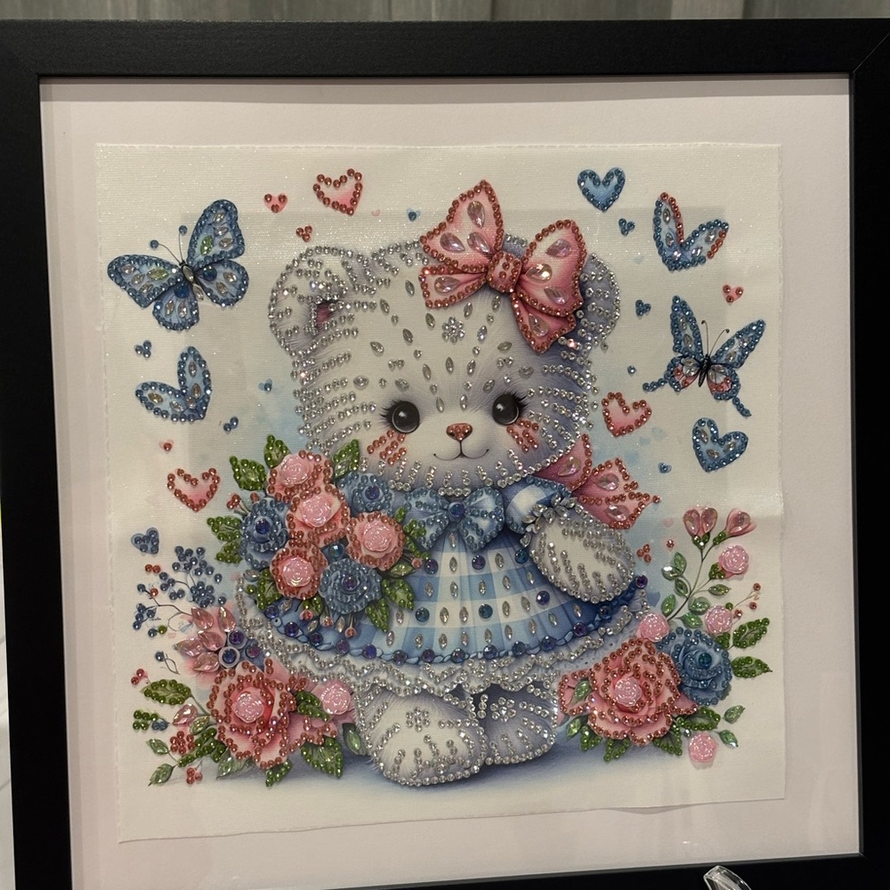 Handmade Framed Bejeweled Teddy Bear Art